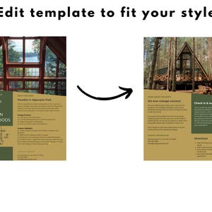May include: A template for a cabin rental listing with a photo of a cabin in the woods and text that says "Welcome to Cabin in the Woods, Make yourself at home!" and "We love cottage country!" The text includes information about the cabin, check-in and check-out procedures, and directions.
