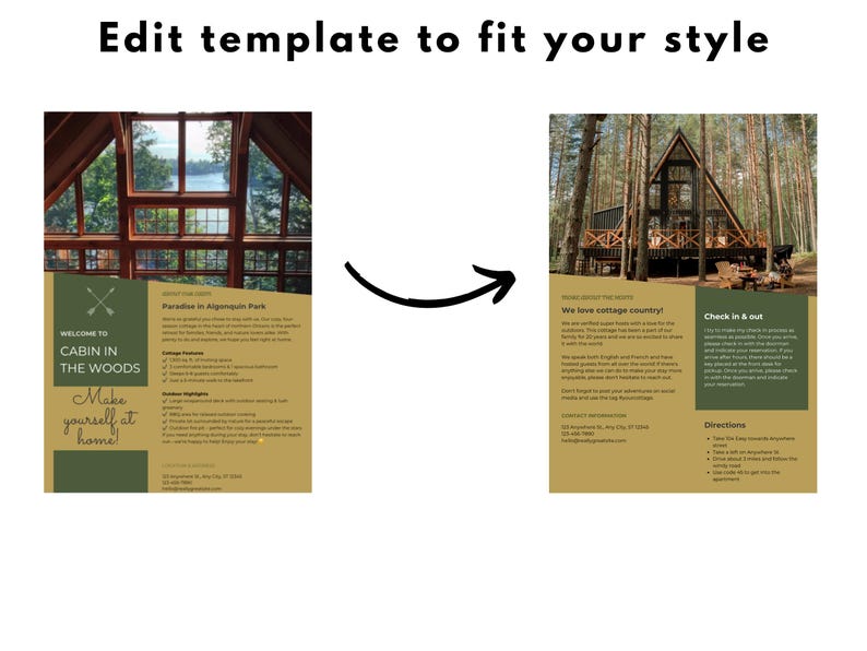 May include: A template for a cabin rental listing with a photo of a cabin in the woods and text that says "Welcome to Cabin in the Woods, Make yourself at home!" and "We love cottage country!" The text includes information about the cabin, check-in and check-out procedures, and directions.