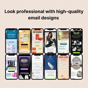 K&ouml;nnte beinhalten: Ein Bild mit mehreren Smartphones, die E-Mail-Designs anzeigen. Der Text oben lautet "Look professional with high-quality email designs". Die Telefonbildschirme zeigen verschiedene Werbeinhalte, darunter Angebote.