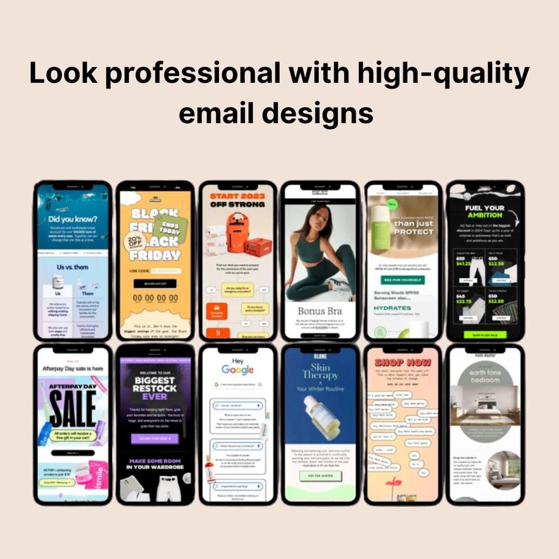 K&ouml;nnte beinhalten: Ein Bild mit mehreren Smartphones, die E-Mail-Designs anzeigen. Der Text oben lautet "Look professional with high-quality email designs". Die Telefonbildschirme zeigen verschiedene Werbeinhalte, darunter Angebote.