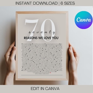 70 Reasons We Love You Poster - Printable 70th Birthday Gift, Custom Keepsake, Editable Wall Art for Him or Her, Digital Download