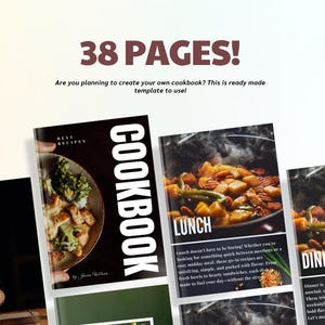 Op de afbeelding: Kookboek met de tekst "COOKBOOK" in grote witte letters. De omslag toont een foto van eten. De tekst "38 PAGES!" staat bovenaan, met de tekst "Are you planning to create your own cookbook? This is ready made template to use!"