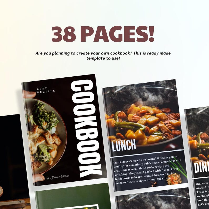 Op de afbeelding: Kookboek met de tekst "COOKBOOK" in grote witte letters. De omslag toont een foto van eten. De tekst "38 PAGES!" staat bovenaan, met de tekst "Are you planning to create your own cookbook? This is ready made template to use!"