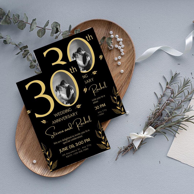 Inbjudan till 30-årsjubileum: Svart och guld, fotomall (digital nedladdning) bild 7