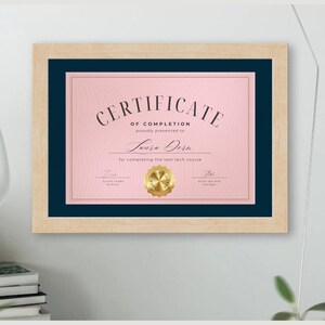Puede incluir: Un certificado de finalizaci&oacute;n rosa con un sello dorado, enmarcado en un marco de madera clara. El certificado se entrega a Laura Dern por completar el curso de t&eacute;cnica de pesta&ntilde;as.