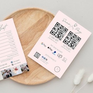 Puede incluir: Una tarjeta rosa con el texto "Scan & Pay" y dos c&oacute;digos QR. La tarjeta tambi&eacute;n incluye el texto "Cash App", "Venmo", "Tambi&eacute;n aceptamos", "G Pay", "Apple Pay", "PayPal", "Tarjeta", "Tarjeta de cr&eacute;dito", y "Let's Connect".
