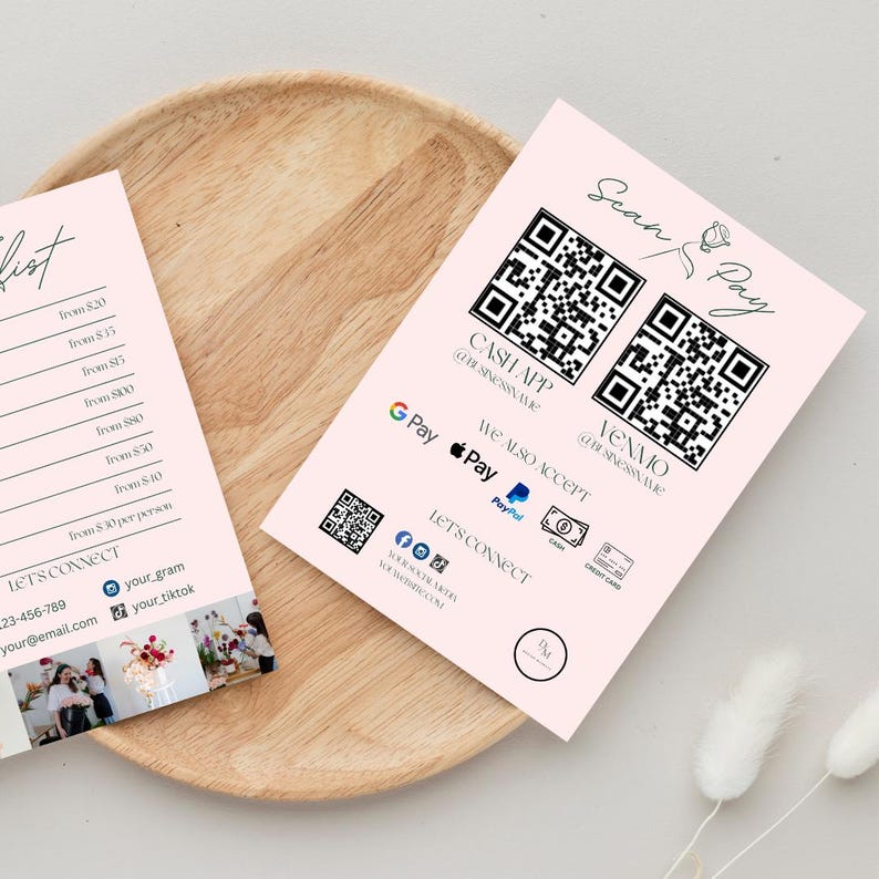 Puede incluir: Una tarjeta rosa con el texto "Scan & Pay" y dos c&oacute;digos QR. La tarjeta tambi&eacute;n incluye el texto "Cash App", "Venmo", "Tambi&eacute;n aceptamos", "G Pay", "Apple Pay", "PayPal", "Tarjeta", "Tarjeta de cr&eacute;dito", y "Let's Connect".