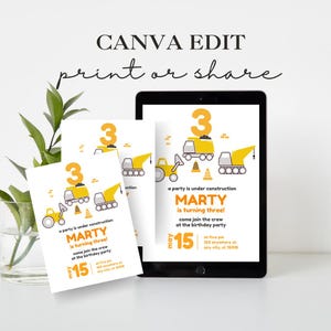 Peut inclure: Une invitation d'anniversaire imprimable avec un camion de chantier jaune et le texte "Une f&ecirc;te est en construction Marty a trois ans ! Rejoignez l'&eacute;quipe pour la f&ecirc;te d'anniversaire Le 15 mai &agrave; 17h00 123 anywhere st. any city, st 12345"