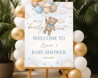 Welkomstbord babyshower Blue Bear: bewerkbare canvassjabloon (digitale download)