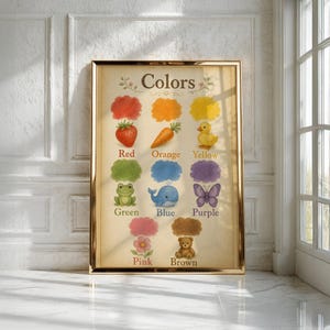 May include: A framed educational wall art print titled Colors, featuring watercolour illustrations of a red strawberry, orange carrot, yellow duck, green frog, blue whale, purple butterfly, pink flower, and brown teddy bear with labels.