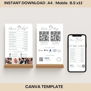 May include: A printable price list template for a nail salon. The template features a white background with black text and a hand-drawn design of a hand holding a nail file. The template includes a price list for various nail services, including manicures, pedicures, and nail art. The template also includes a section for contact information and social media links. The template is designed to be printed on 8.5x11 inch paper or A4 paper.