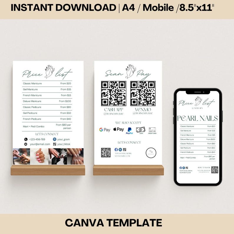 May include: A printable price list template for a nail salon. The template features a white background with black text and a hand-drawn design of a hand holding a nail file. The template includes a price list for various nail services, including manicures, pedicures, and nail art. The template also includes a section for contact information and social media links. The template is designed to be printed on 8.5x11 inch paper or A4 paper.