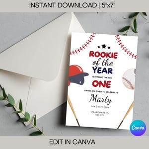 May include: A baseball-themed birthday party invitation with red, white, and blue colors. The text reads "Rookie of the Year is hitting the big one. Swing on over to celebrate Marty. Sun. May 5 | 1 PM. 123 Anywhere St., Any City."