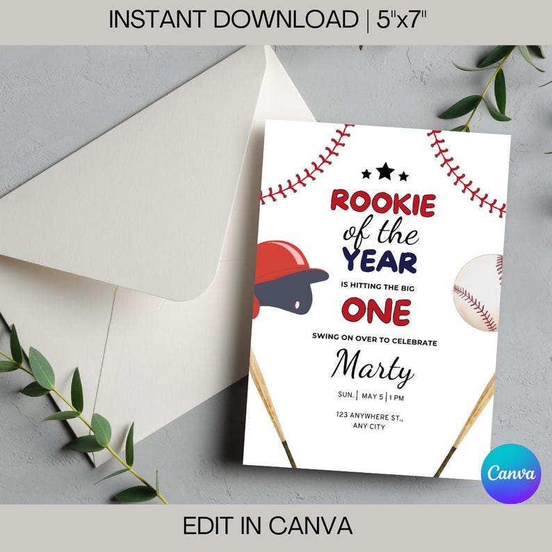 May include: A baseball-themed birthday party invitation with red, white, and blue colors. The text reads "Rookie of the Year is hitting the big one. Swing on over to celebrate Marty. Sun. May 5 | 1 PM. 123 Anywhere St., Any City."