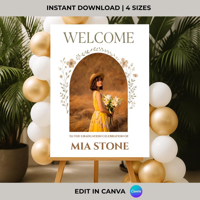May include: A white welcome sign with a floral archway and a photo of a person in a yellow dress. The text on the sign reads "Welcome to the graduation celebration of Mia Stone".