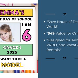 Puede incluir: Un cartel imprimible colorido para una foto del primer d&iacute;a de escuela. El cartel tiene un fondo amarillo con el texto "EMMA'S FIRST DAY OF SCHOOL". Una foto de una ni&ntilde;a est&aacute; en el centro del cartel. El cartel tambi&eacute;n tiene un fondo rosa con el texto "I AM 6" y un fondo verde con el texto "GRADE 1 2025". La parte inferior del cartel tiene un fondo amarillo con el texto "I WANT TO BE A MODEL".
