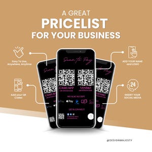 May include: A black smartphone mockup with a white screen displaying a scan to pay QR code for Cash App, Venmo, and Apple Pay. The phone is surrounded by other phones with QR codes and text that says "Scan to Pay" and "We Also Accept".