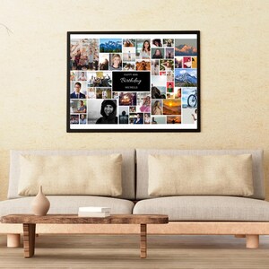 May include: A black framed photo collage with a variety of images, including people, landscapes, and cityscapes. The collage has a black banner at the bottom with the text "Happy 40th Birthday Michelle".