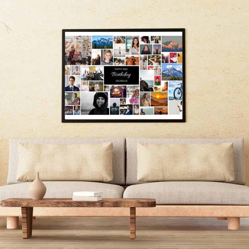 May include: A black framed photo collage with a variety of images, including people, landscapes, and cityscapes. The collage has a black banner at the bottom with the text "Happy 40th Birthday Michelle".