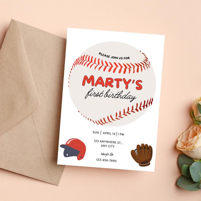 K&ouml;nnte beinhalten: Einladung zu einer ersten Geburtstagsfeier zum Thema Baseball mit einer roten und wei&szlig;en Baseballgrafik, dem Text "Marty's first birthday" und den Partydetails.