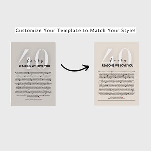 May include: A printable poster with a beige background and a white number "40" with the word "forty" written inside. The poster has the text "Reasons We Love You" written below the number. The poster is a customizable template that can be used to create a personalized gift.