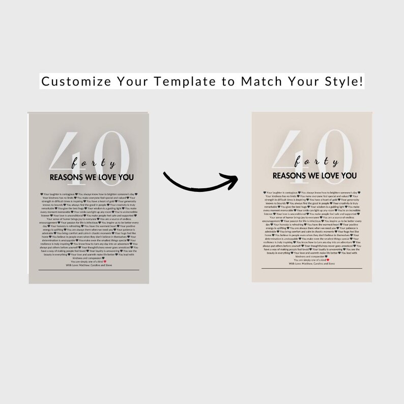 May include: A printable poster with a beige background and a white number "40" with the word "forty" written inside. The poster has the text "Reasons We Love You" written below the number. The poster is a customizable template that can be used to create a personalized gift.