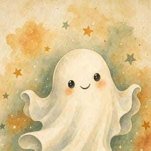 May include: A watercolor illustration of a small, white ghost with large black eyes and a smiling mouth. The ghost has rosy pink cheeks and is surrounded by small, scattered orange and dark green stars against a soft, muted beige background.