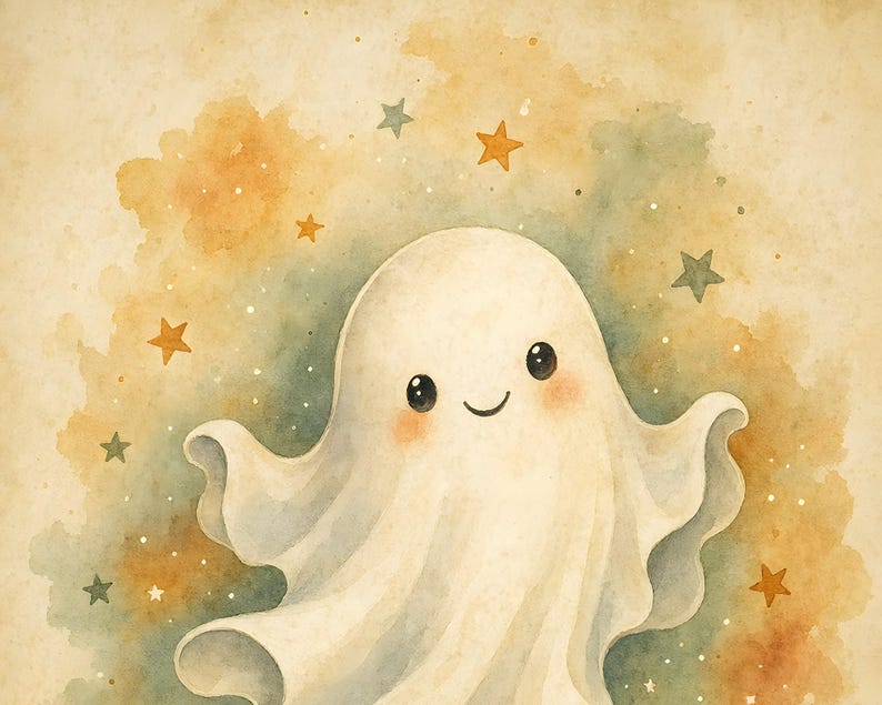 May include: A watercolor illustration of a small, white ghost with large black eyes and a smiling mouth. The ghost has rosy pink cheeks and is surrounded by small, scattered orange and dark green stars against a soft, muted beige background.