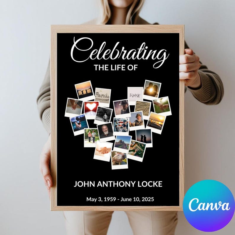 May include: A framed memorial print with the text "Celebrating the Life of" and the name "JOHN ANTHONY LOCKE" with dates. A heart-shaped collage of photos is centered on a black background.
