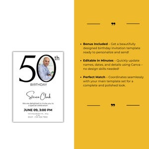 May include: A black and white 50th birthday invitation template with a photo placeholder. The text reads "50th Birthday" and "Steven Clark". The invitation includes the date and time of the event, the address, and RSVP information.