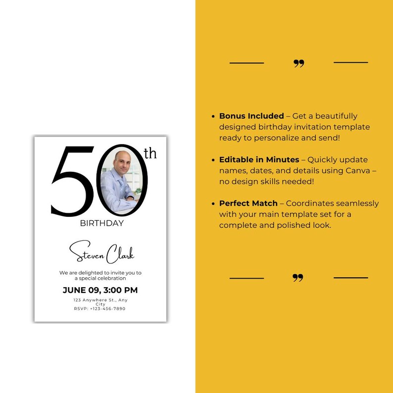 May include: A black and white 50th birthday invitation template with a photo placeholder. The text reads "50th Birthday" and "Steven Clark". The invitation includes the date and time of the event, the address, and RSVP information.