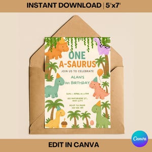 Dinosaur-themed first birthday invitation with colorful cartoon dinos, jungle leaves, and balloons. “One-a-saurus” design editable in Canva, perfect for baby boy parties.