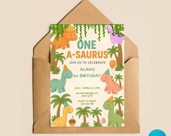 One-a-saurus Birthday Invitation, Dino Party, Editable Template (Digital Download)