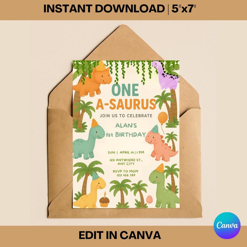 Dinosaur-themed first birthday invitation with colorful cartoon dinos, jungle leaves, and balloons. “One-a-saurus” design editable in Canva, perfect for baby boy parties.