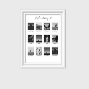 May include: A black and white photo collage of a couple's first year of marriage. Each month is represented by a photo of the couple, with the month's name printed below each photo. The title of the collage is "1st Anniversary" with a heart symbol.