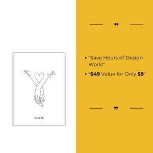 May include: A black and white line drawing of two hands holding each other with a heart in the middle. The names "Anna" and "Casey" are written above the hands. The text "You & Me" is written below the hands.