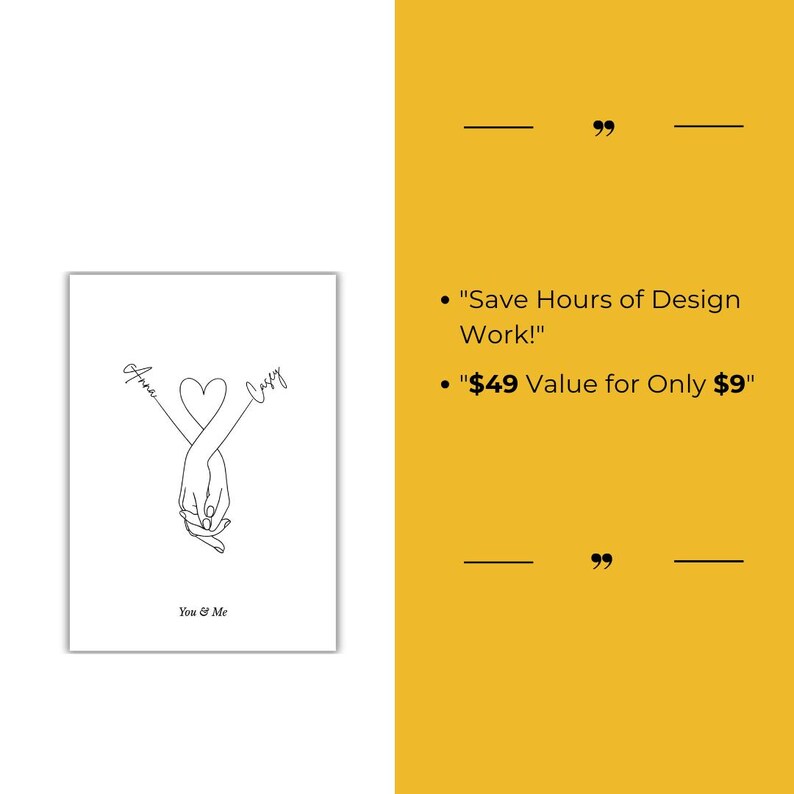 May include: A black and white line drawing of two hands holding each other with a heart in the middle. The names "Anna" and "Casey" are written above the hands. The text "You & Me" is written below the hands.
