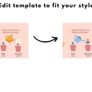 Peut inclure: Un graphique rose et blanc avec le texte "Daily Habits for a Positive Mindset". Le graphique pr&eacute;sente deux plantes en pot avec des fleurs et un arrosoir qui arrose l'une des plantes. Le texte "Beginning of your journey" est sous l'une des plantes et "Blooming into the best version of yourself" est sous l'autre plante.