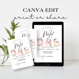 May include: A digital invitation design with the text "Olivia Stone is a Wild" and baby photos. The invitation includes event details: Saturday, March 27, 2 PM, and an RSVP section. The design is displayed on a tablet and printed cards.