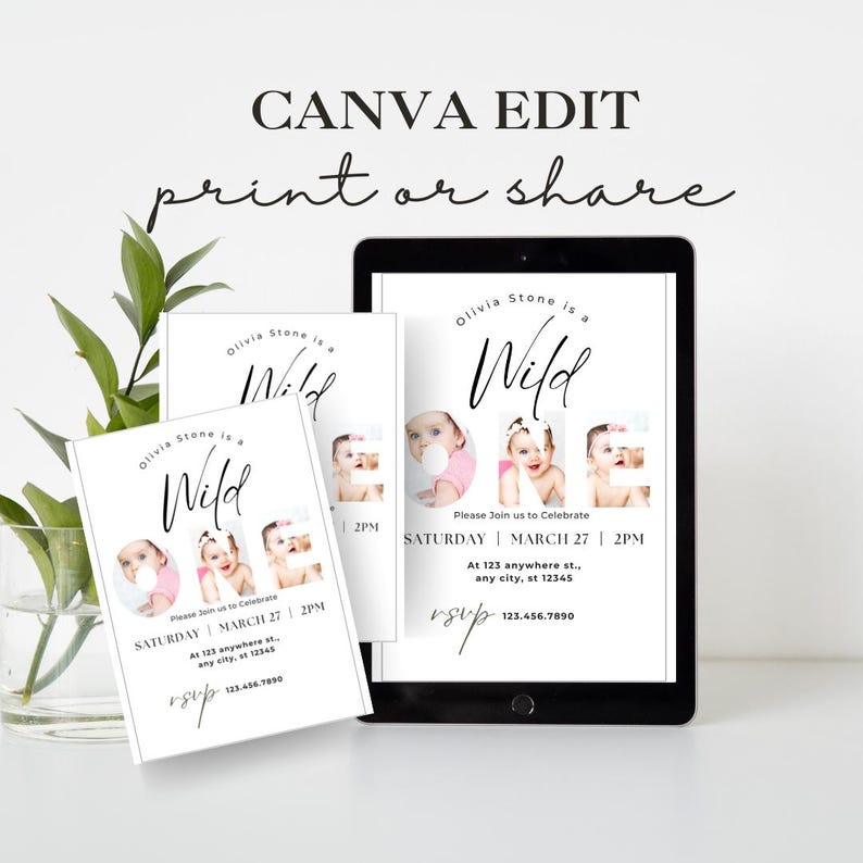 May include: A digital invitation design with the text "Olivia Stone is a Wild" and baby photos. The invitation includes event details: Saturday, March 27, 2 PM, and an RSVP section. The design is displayed on a tablet and printed cards.