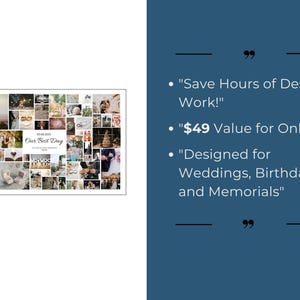 K&ouml;nnte beinhalten: Eine Collage aus Hochzeitsfotos mit dem Text "Our Best Day" in der Mitte. Die Collage ist ein digitaler Download und kann verwendet werden, um ein individuelles Fotoalbum oder ein Scrapbook zu erstellen. Sparen Sie Stunden an Designarbeit mit dieser vorgefertigten Vorlage. Sie eignet sich auch hervorragend f&uuml;r Geburtstage und Gedenktage.