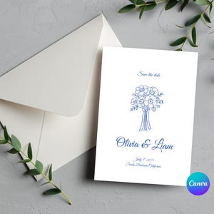 Puede incluir: Tarjeta de guardar la fecha con una ilustraci&oacute;n floral azul y el texto "Save the date", "Olivia & Liam", "July 1, 2025" y "Santa Barbara, California".