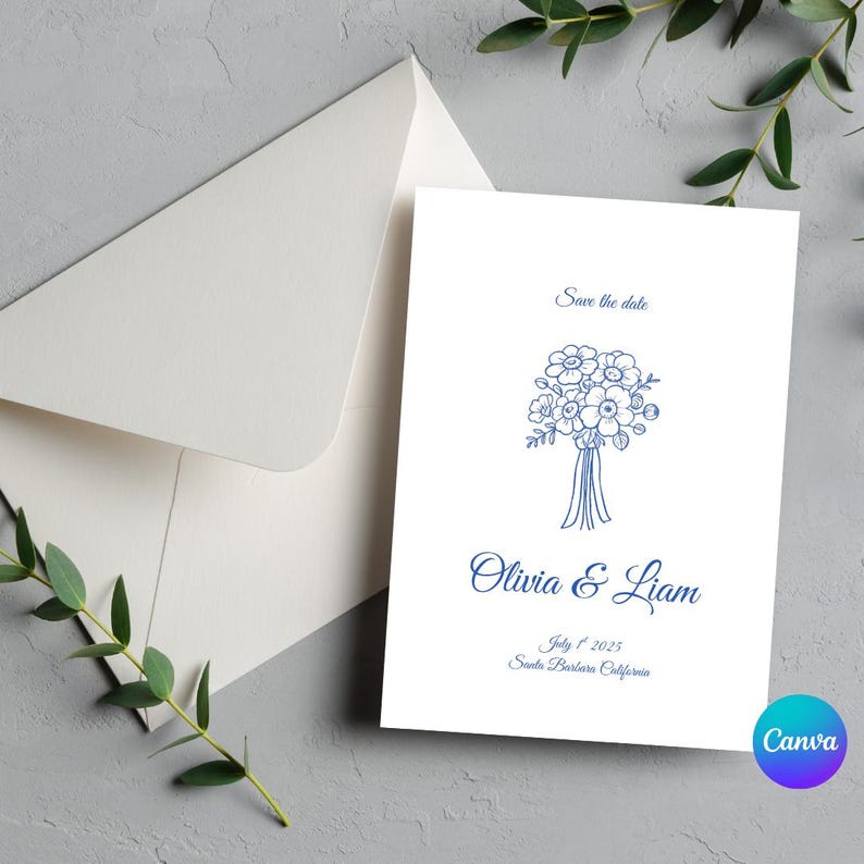Puede incluir: Tarjeta de guardar la fecha con una ilustraci&oacute;n floral azul y el texto "Save the date", "Olivia & Liam", "July 1, 2025" y "Santa Barbara, California".