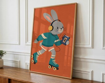 Whimsical Bunny Roller Skater Print, Kids Room Wall Art (Digital Download)