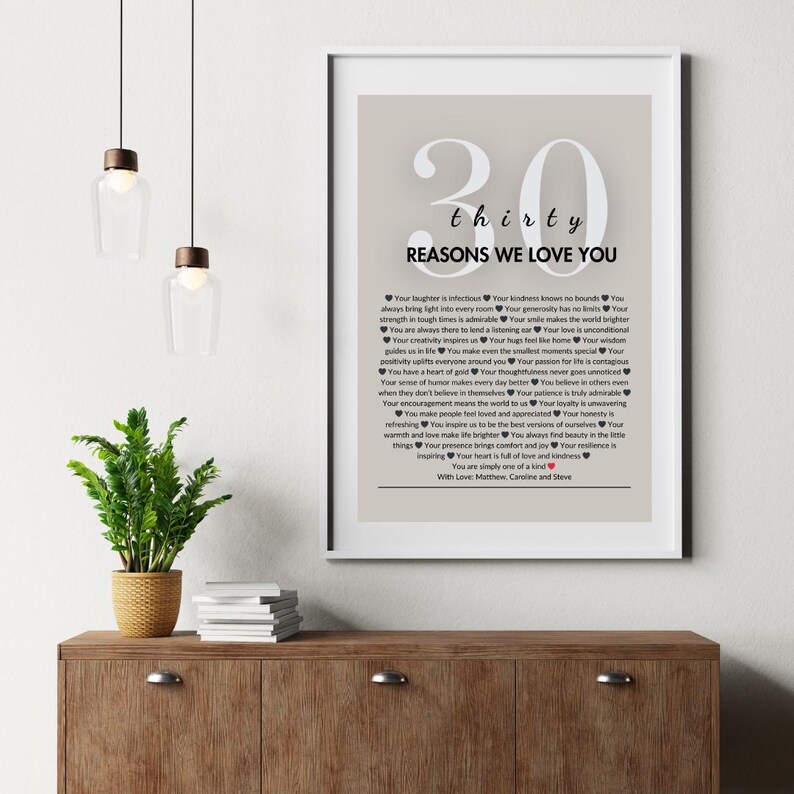 K&ouml;nnte beinhalten: Ein druckbarer Poster mit grauem Hintergrund und der Zahl 30 in Wei&szlig;. Der Text "drei&szlig;ig Gr&uuml;nde, warum wir dich lieben" ist in Schwarz. Der Poster listet 30 Gr&uuml;nde auf, warum jemand geliebt wird.
