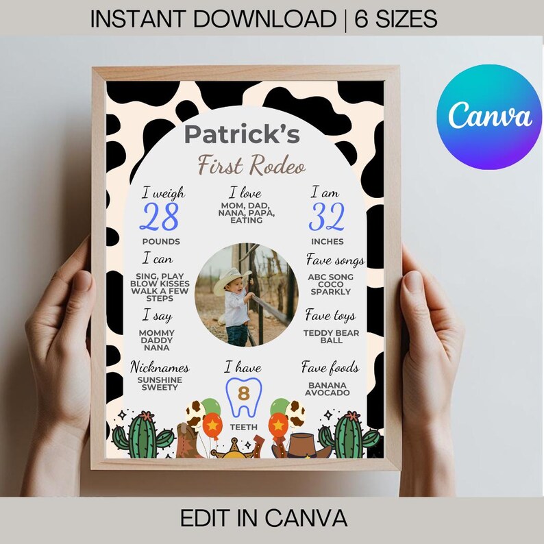 K&ouml;nnte beinhalten: Ein druckbarer Poster mit einem Kuhmuster-Hintergrund und einem Foto eines Kindes in einem Cowboyhut. Das Poster ist mit Kakteen, Sternen und Cowboystiefeln verziert. Das Poster enth&auml;lt den Namen des Kindes, Patrick, und Details zu seinem ersten Rodeo, einschlie&szlig;lich seines Gewichts, seiner Gr&ouml;&szlig;e, seiner Lieblingslieder, Spielzeuge und Lebensmittel. Der Text auf dem Poster lautet "Patrick's First Rodeo".