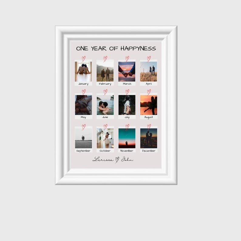May include: A collage of 12 photos of a couple, arranged in a calendar format, with each photo representing a month of the year. The photos are in a Polaroid style frame with a red heart above each photo. The text "ONE YEAR OF HAPPYNESS" is at the top of the collage. The names "Lerissa & John" are at the bottom of the collage.
