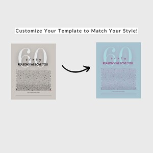 May include: Two versions of a printable poster with a light blue background and a white number 60 with the word "sixty" in smaller font. The text "Reasons We Love You" is below the number. The poster on the left has a light gray background and the poster on the right has a light blue background.