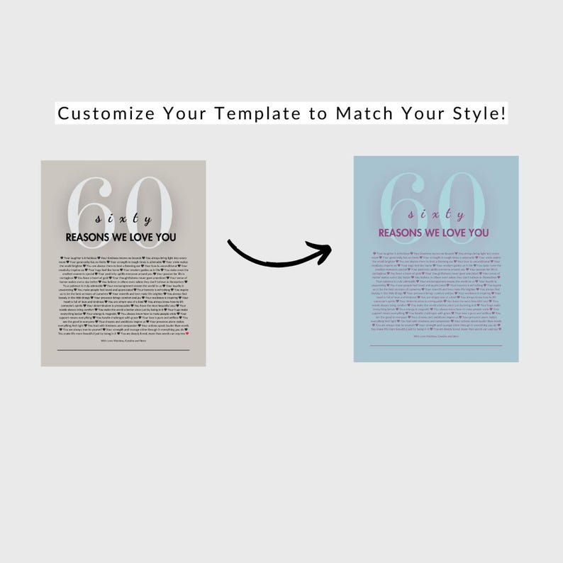 May include: Two versions of a printable poster with a light blue background and a white number 60 with the word "sixty" in smaller font. The text "Reasons We Love You" is below the number. The poster on the left has a light gray background and the poster on the right has a light blue background.