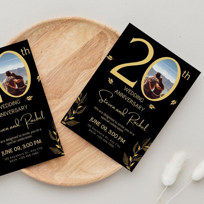 May include: Black and gold wedding anniversary invitation with a photo of a couple. The invitation says "20th Wedding Anniversary Steven and Rachel" and includes the date and time of the event.